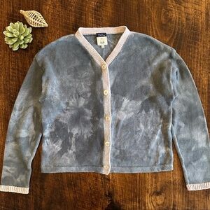 Cousin Johnny | Blue Gray Tie Dye Cardigan w/Ribbed Pink Chenille Trim, Size L